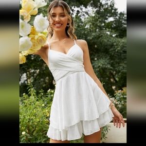 Simplee Crisscross Tie Backless Two Layer Hem Cami Romper